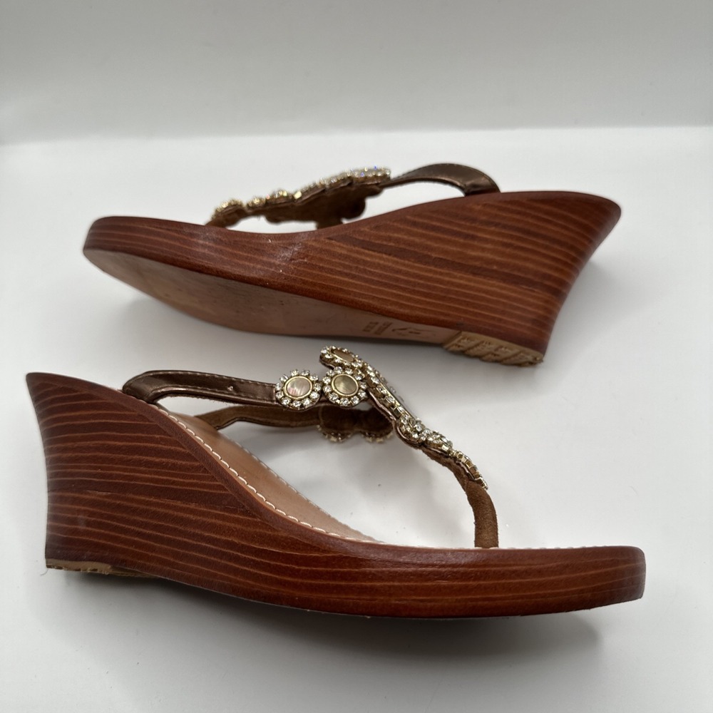 Mystique Brown Leather Jeweled Crystal Stone Embellished Wedge Sandals Sz 8 - Picture 3 of 7